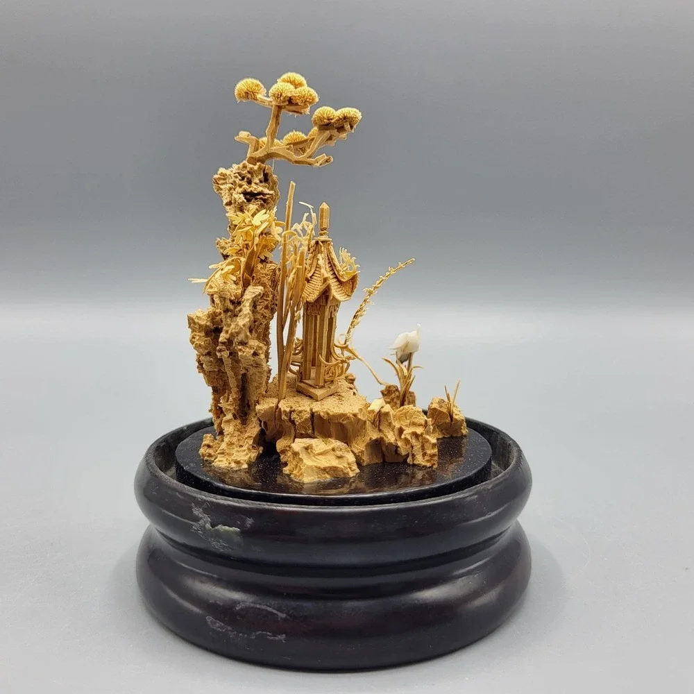 Vtg Chinese Carved Cork Diorama Glass Dome Dark Wood Base Small Shelf Decor READ